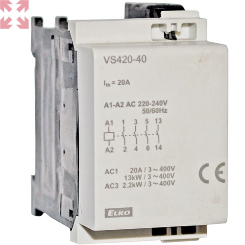 картинка VS420-40 Модульный контактор 20А, 4н.о. контакт, управление 230V AC от магазина 100ампер