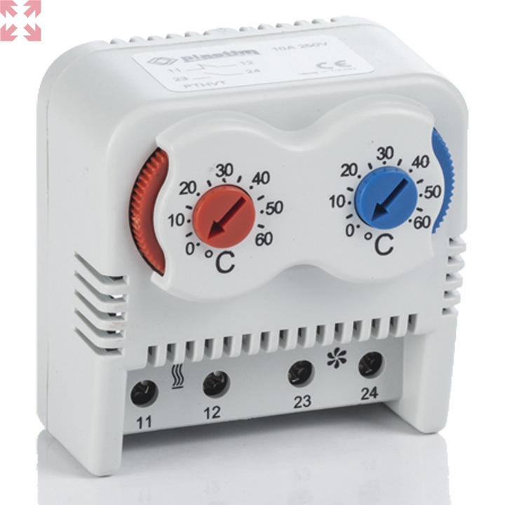 картинка Регулятор температуры воздуха сдвоенный Plastim PTHVT, (NC 0 °C..+60 °C / NO 0 °C..+60 °C) от магазина 100ампер