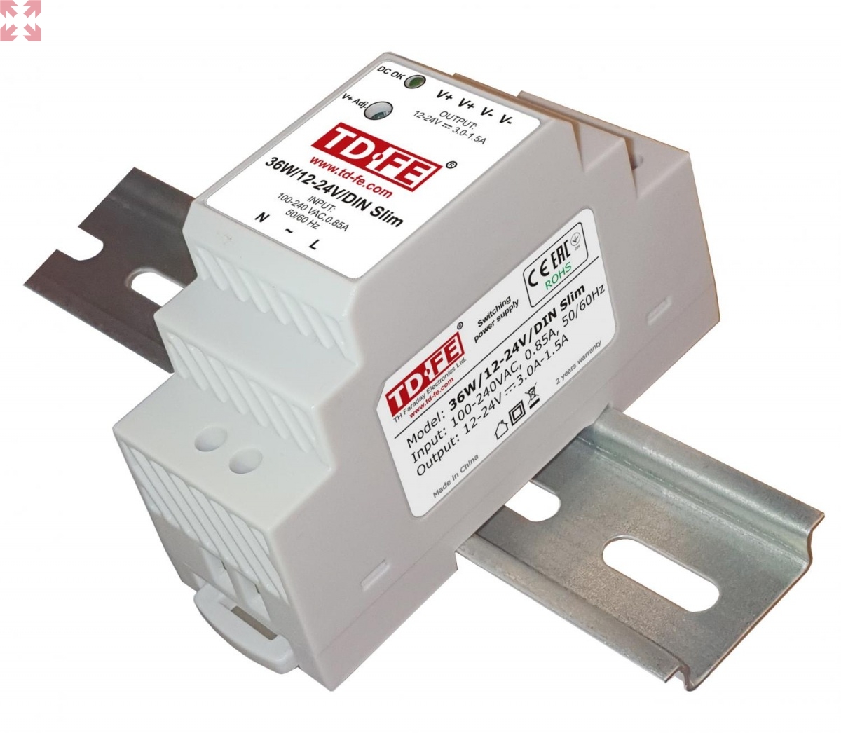 картинка Модульный блок питания на DIN-рейку 36W, в компактном корпусе, 12-24V, 36W/12-24V/DIN Slim от магазина 100ампер
