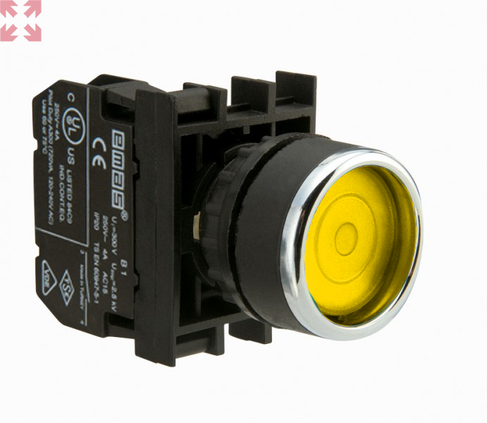 картинка Кнопка нажимная B100FS с фиксацией, желтая (1НО) от магазина 100ампер