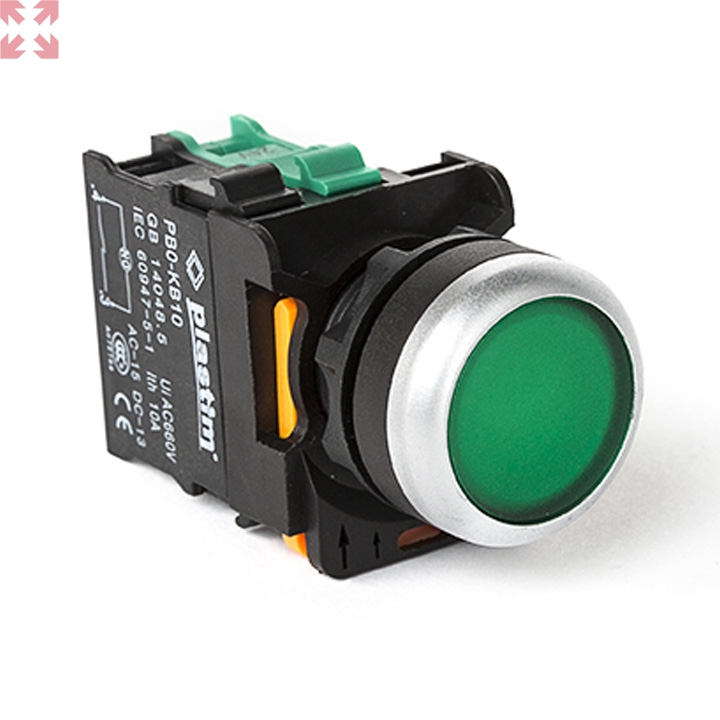 картинка Plastim, Кнопка управления, с подсветкой 230VAC, 1NO (Зеленый), PB0-AW33M5 от магазина 100ампер