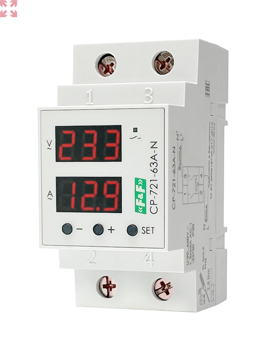 картинка Однофазное реле напряжение CP-721-63A-N, 63А, с разрывом нуля и контролем тока от магазина 100ампер
